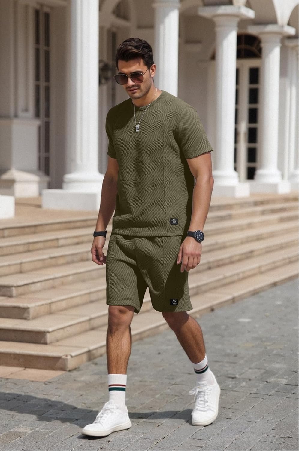 Men’s Beige Two Piece Set – Short Sleeve T Shirt and Shorts