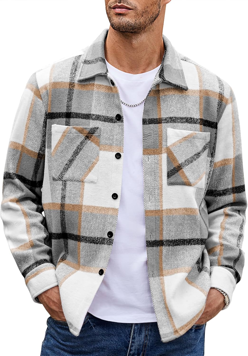 Men’s Plaid Button Up Shirt Jacket – Casual Long Sleeve Checked Overshirt
