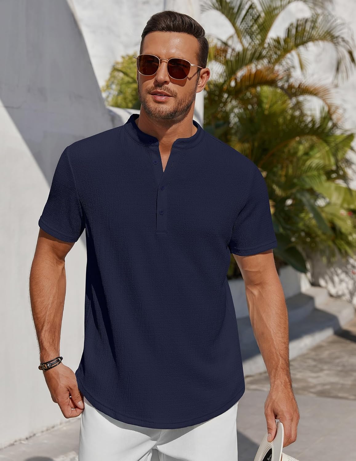 Men’s Casual Textured Henley Shirt – Summer Stand Collar Top