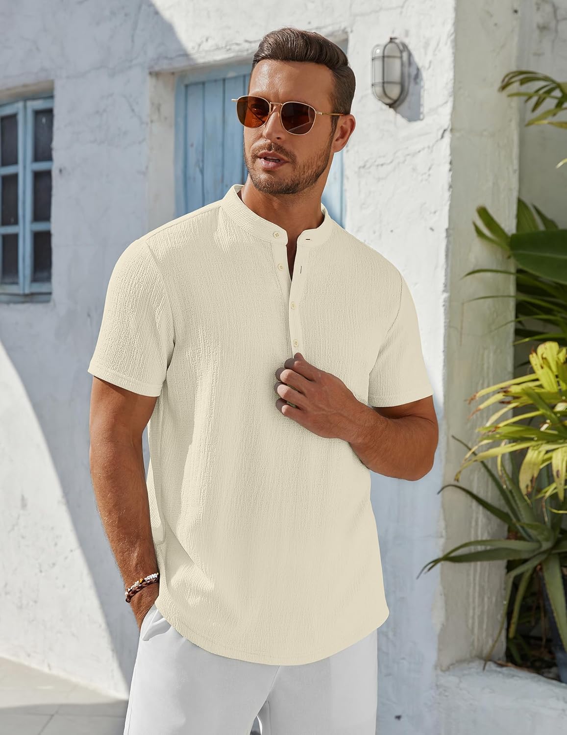 Men’s Casual Textured Henley Shirt – Summer Stand Collar Top