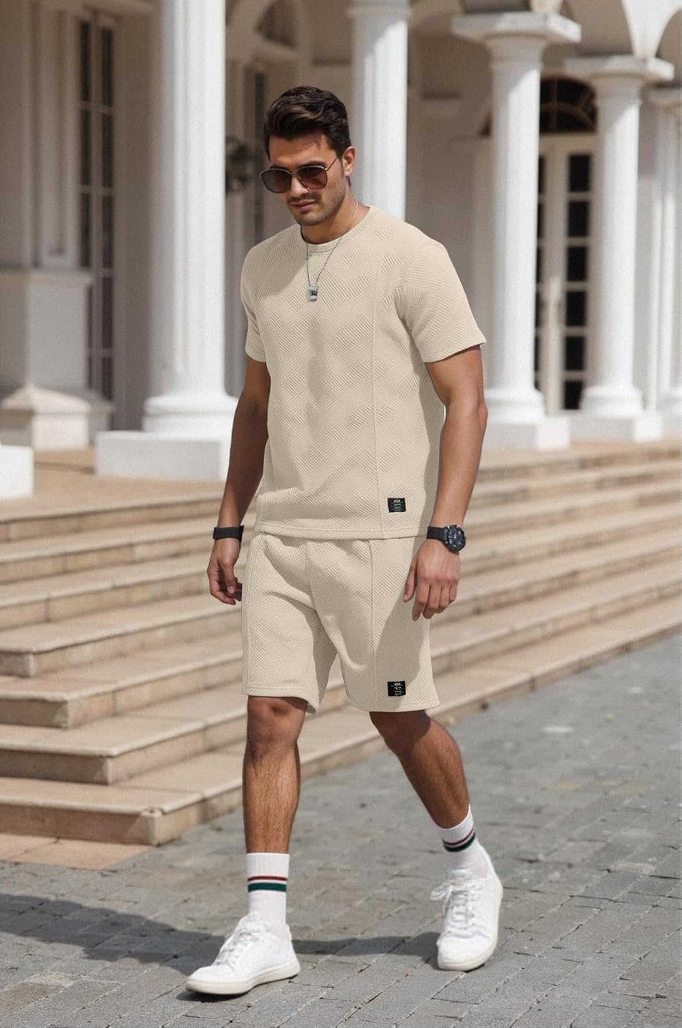 Men’s Beige Two Piece Set – Short Sleeve T Shirt and Shorts