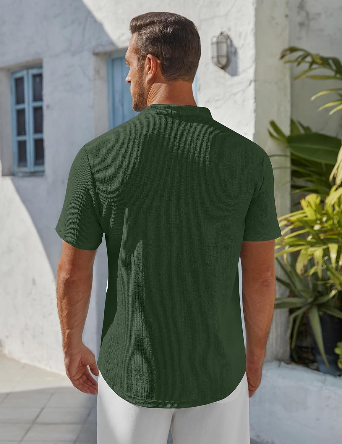 Men’s Casual Textured Henley Shirt – Summer Stand Collar Top