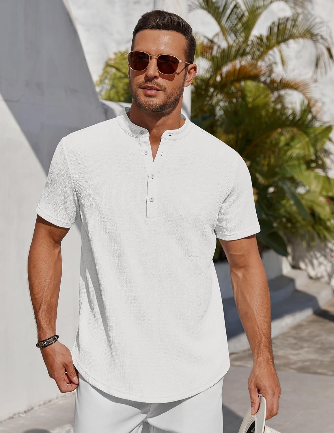 Men’s Casual Textured Henley Shirt – Summer Stand Collar Top