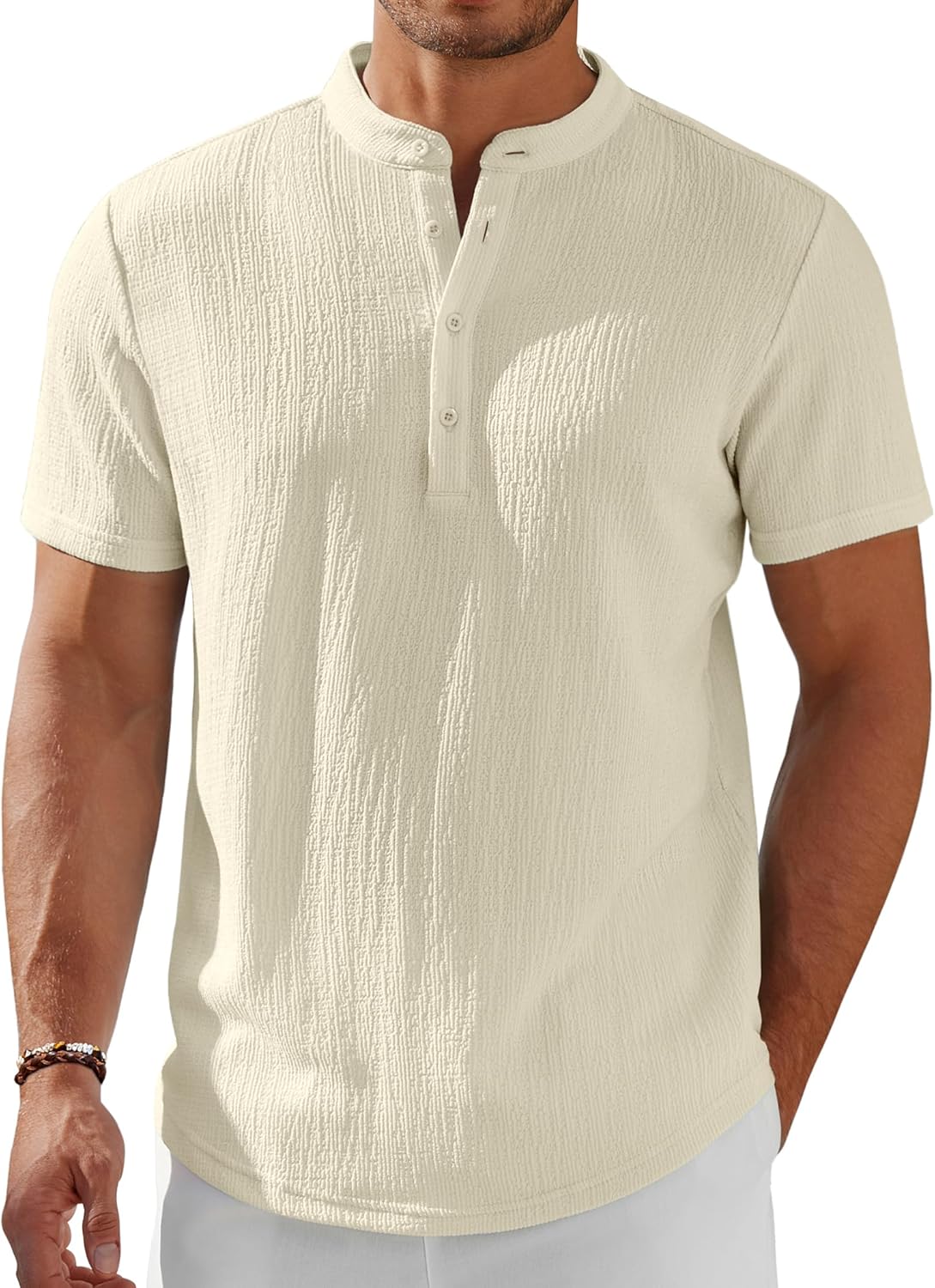 Men’s Casual Textured Henley Shirt – Summer Stand Collar Top