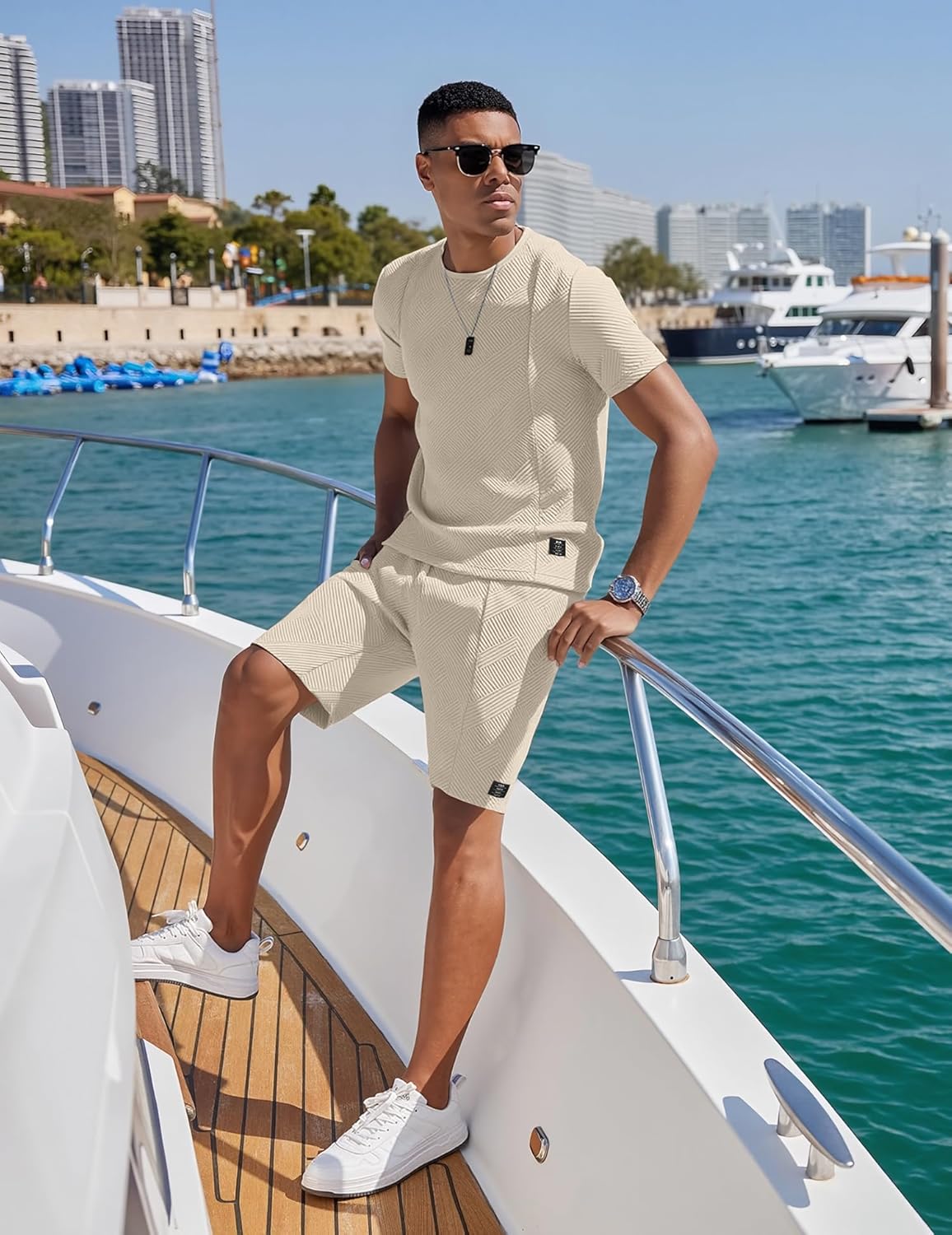 Men’s Beige Two Piece Set – Short Sleeve T Shirt and Shorts