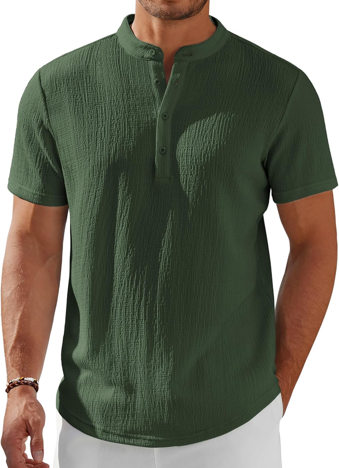 Men’s Casual Textured Henley Shirt – Summer Stand Collar Top