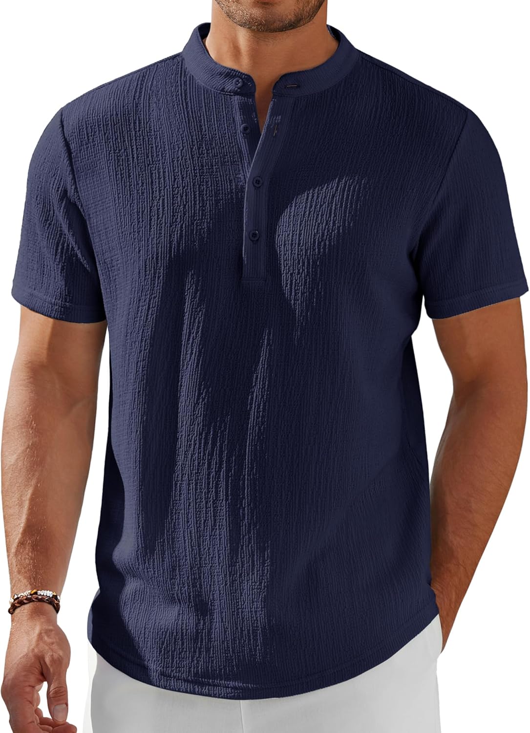 Men’s Casual Textured Henley Shirt – Summer Stand Collar Top