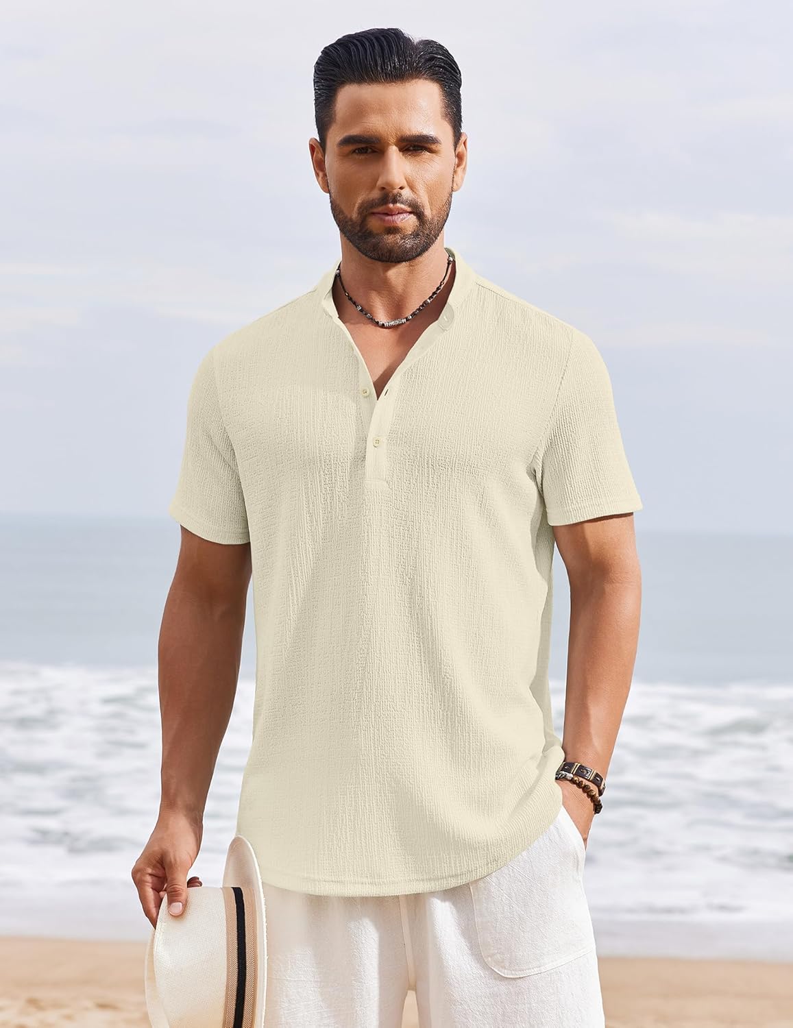 Men’s Casual Textured Henley Shirt – Summer Stand Collar Top