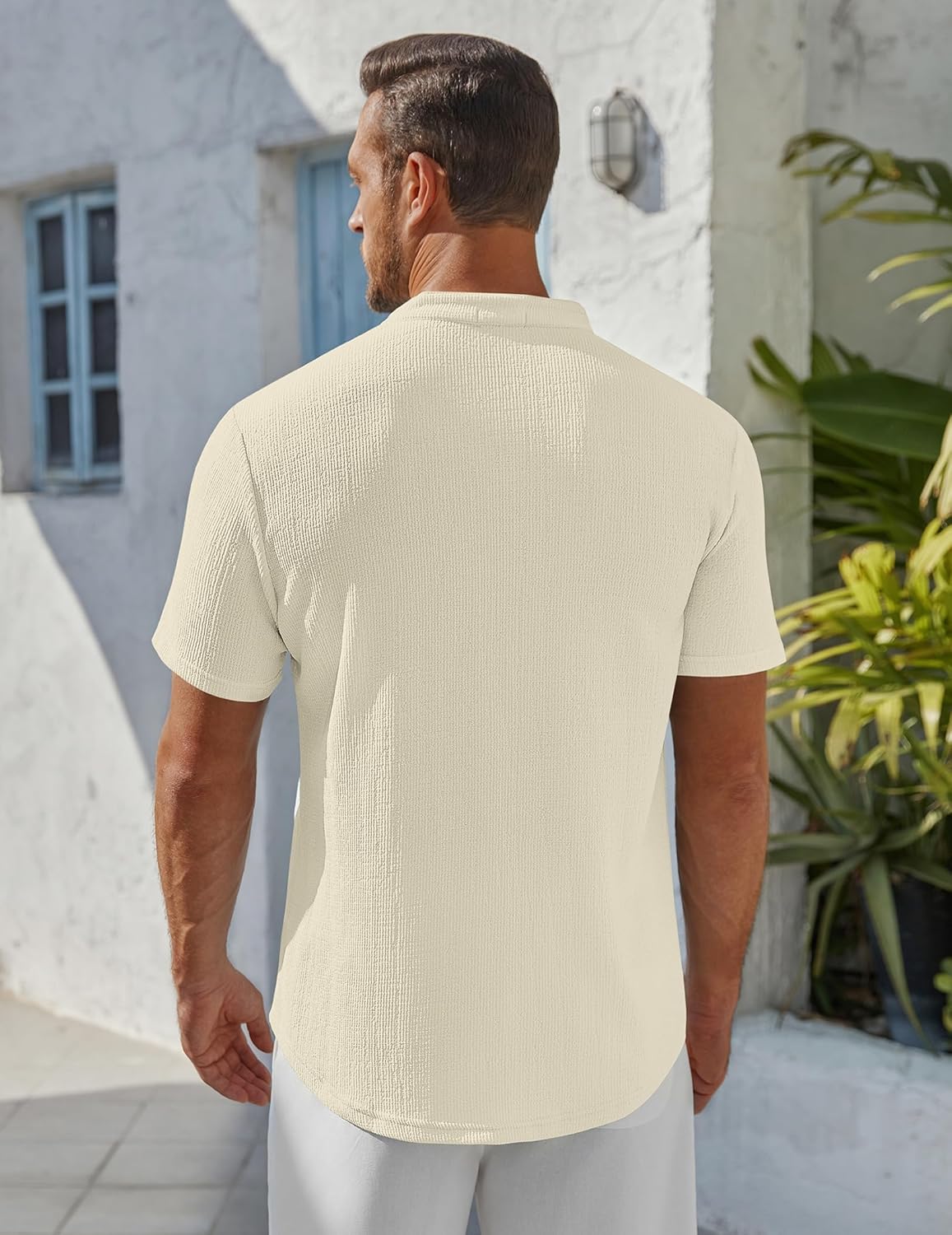 Men’s Casual Textured Henley Shirt – Summer Stand Collar Top