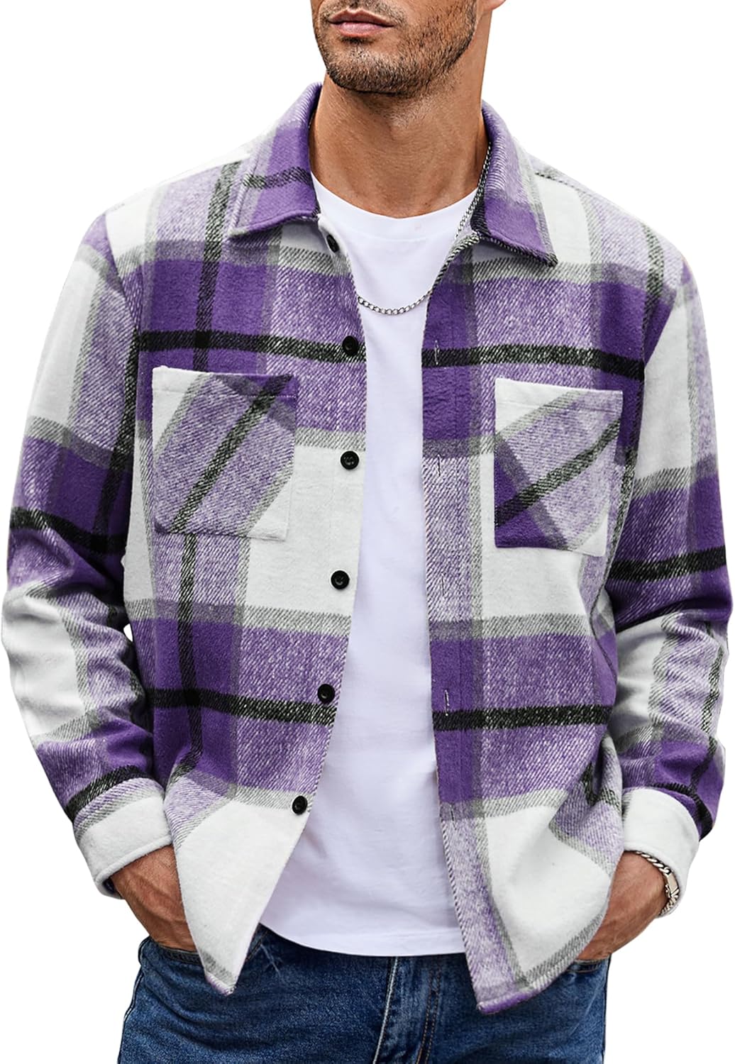 Men’s Plaid Button Up Shirt Jacket – Casual Long Sleeve Checked Overshirt