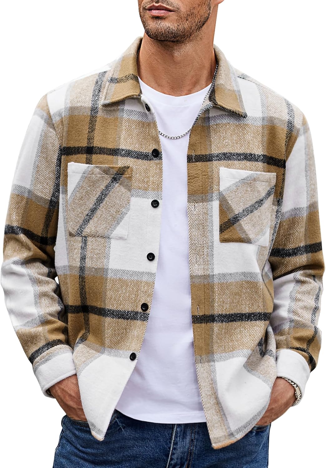 Men’s Plaid Button Up Shirt Jacket – Casual Long Sleeve Checked Overshirt