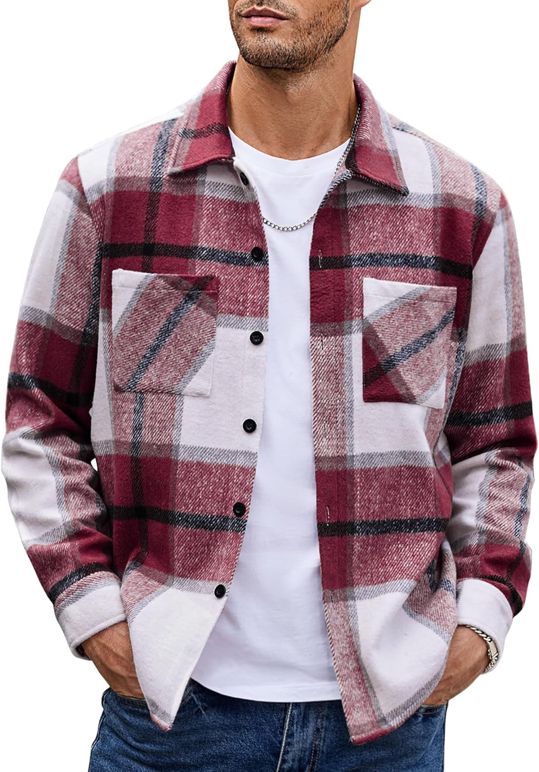 Men’s Plaid Button Up Shirt Jacket – Casual Long Sleeve Checked Overshirt