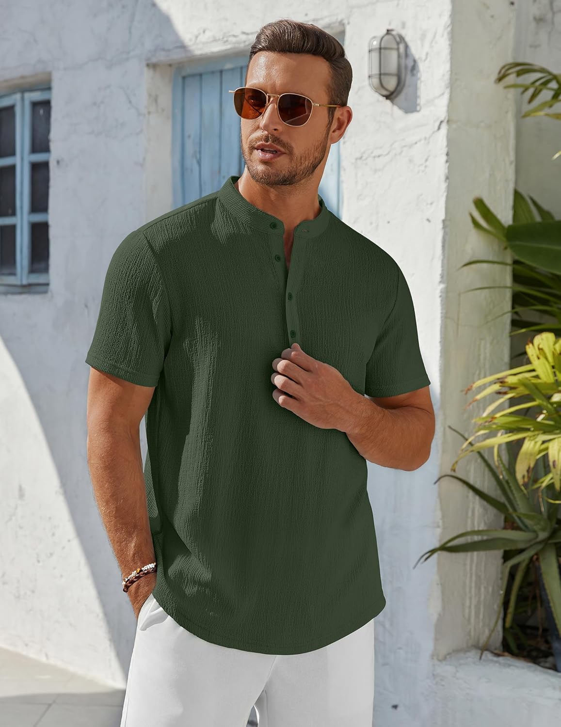 Men’s Casual Textured Henley Shirt – Summer Stand Collar Top