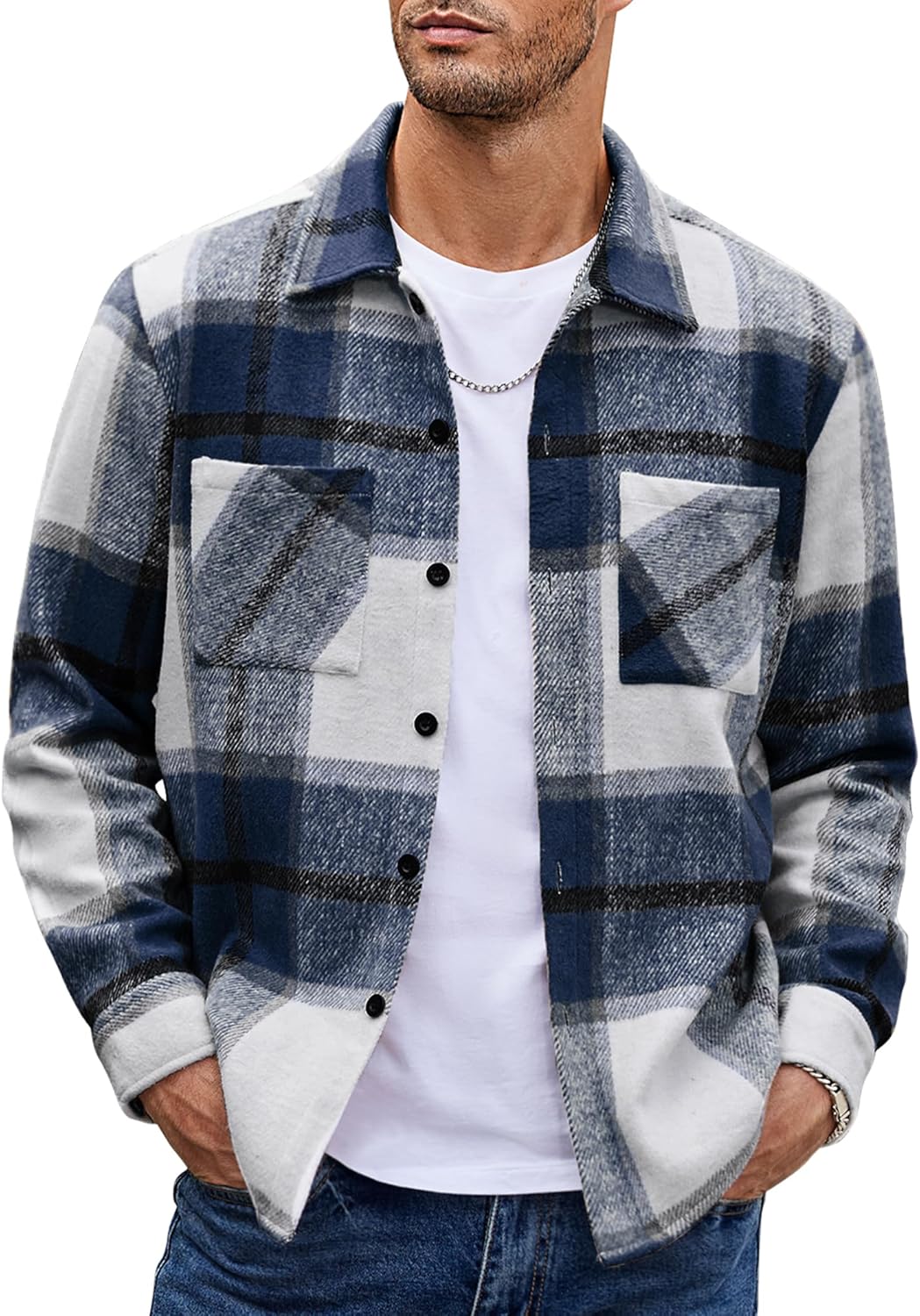 Men’s Plaid Button Up Shirt Jacket – Casual Long Sleeve Checked Overshirt