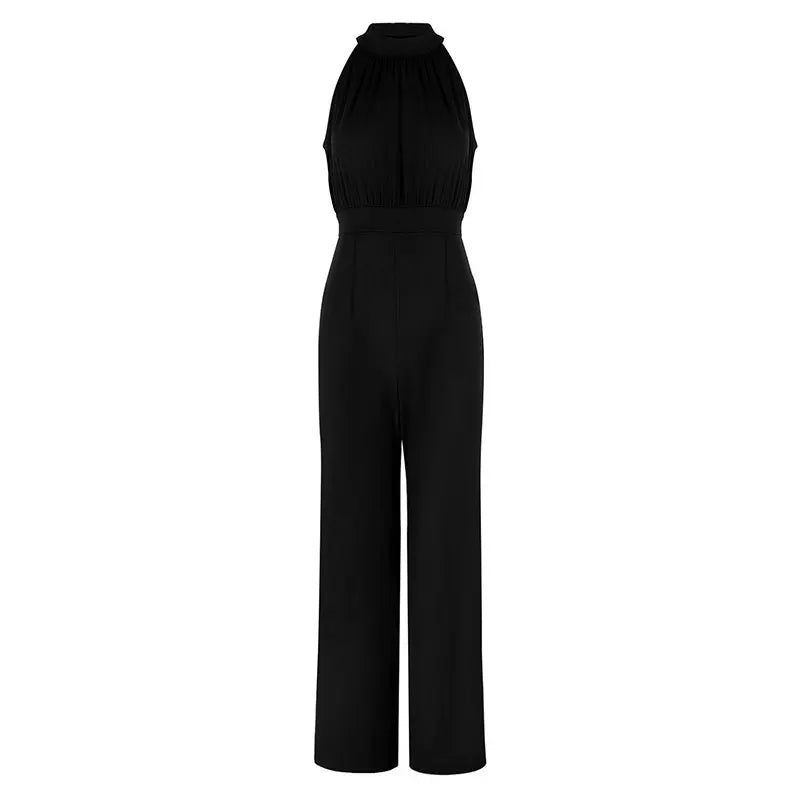 Elegant Black Sleeveless Jumpsuit – High Neck Wide Leg Evening Romper