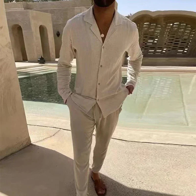 Men’s Casual LinenTwo Piece Set – Long Sleeve Button Shirt &amp; Pants