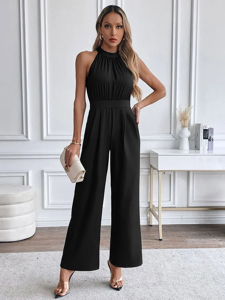 Elegant Black Sleeveless Jumpsuit – High Neck Wide Leg Evening Romper