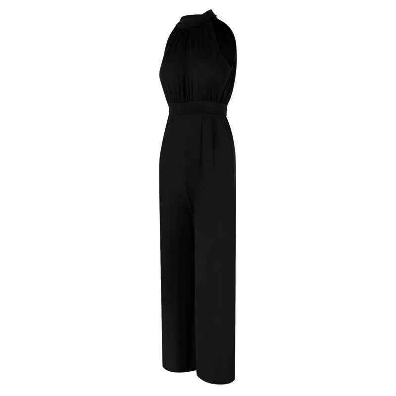 Elegant Black Sleeveless Jumpsuit – High Neck Wide Leg Evening Romper