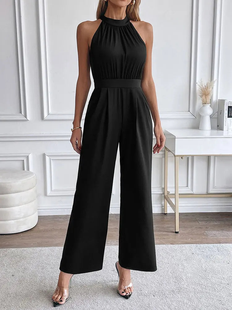 Elegant Black Sleeveless Jumpsuit – High Neck Wide Leg Evening Romper