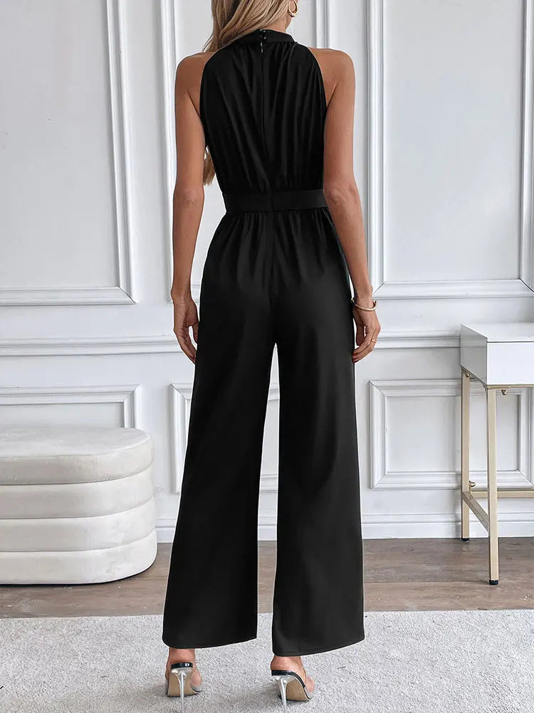 Elegant Black Sleeveless Jumpsuit – High Neck Wide Leg Evening Romper