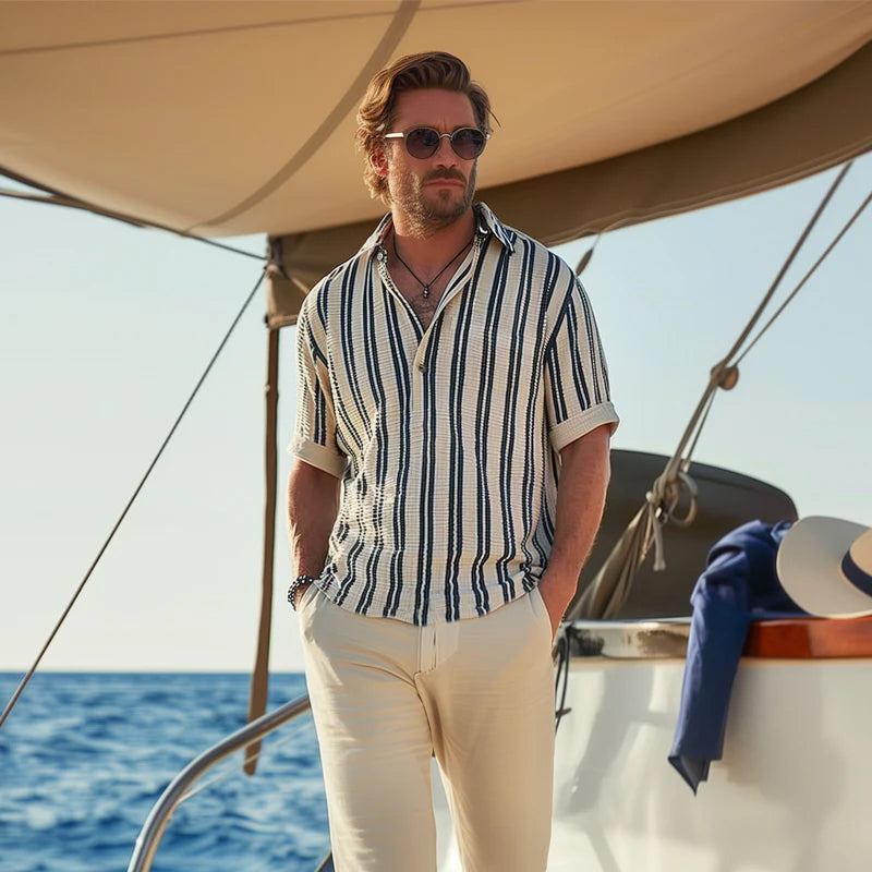 Breathable Short Sleeve V-Neck Lapel Striped Shirt