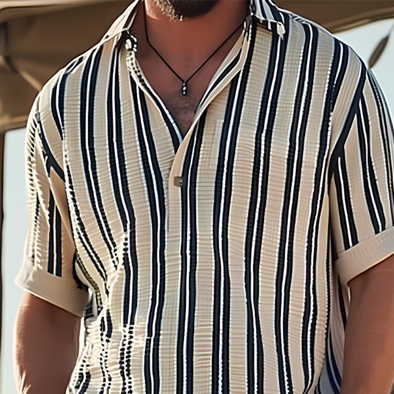 Breathable Short Sleeve V-Neck Lapel Striped Shirt