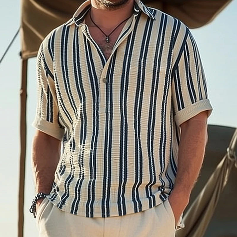 Breathable Short Sleeve V-Neck Lapel Striped Shirt