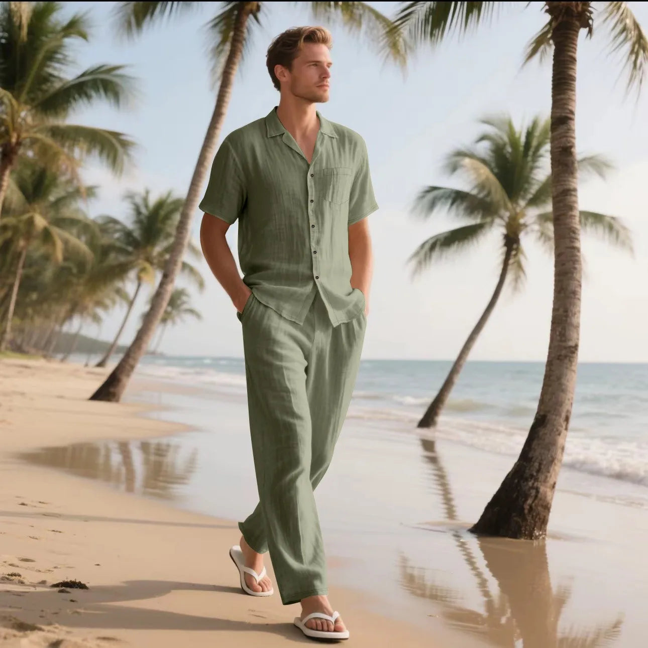Men’s Linen Shirt and Pants Set – Casual Summer Beach Outfit