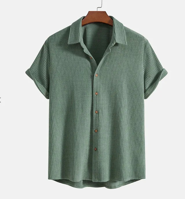Men’s Waffle Shirt – Casual Short Sleeve Button Up Summer Top