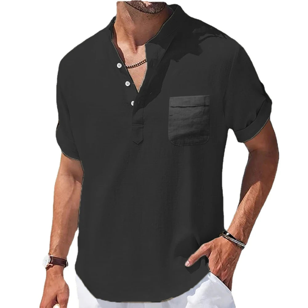 Men’s Linen Henley Shirt Casual Short Sleeve Summer Top