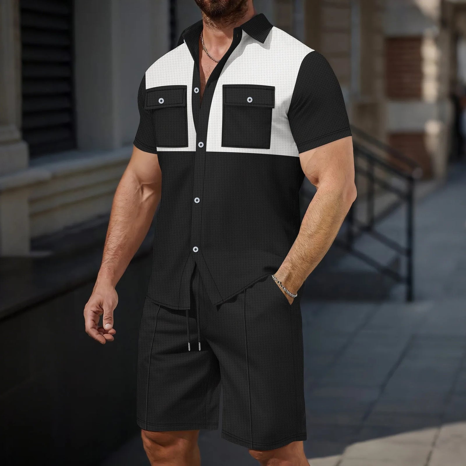 Men’s Two Tone Shirt and Shorts Set – Casual Patchwork Summer Outfit