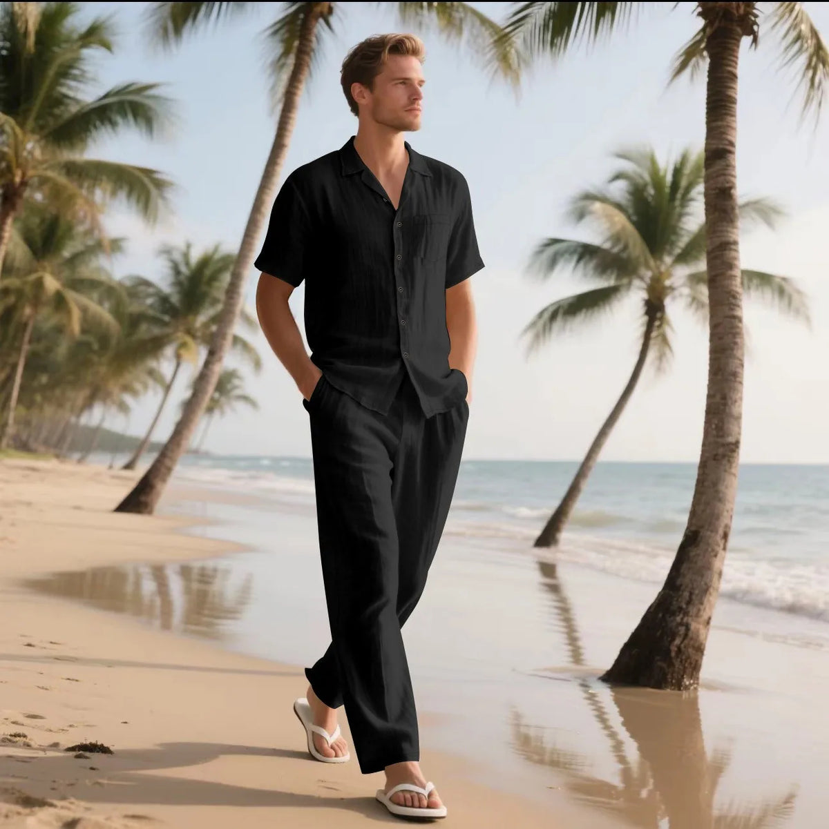 Men’s Linen Shirt and Pants Set – Casual Summer Beach Outfit