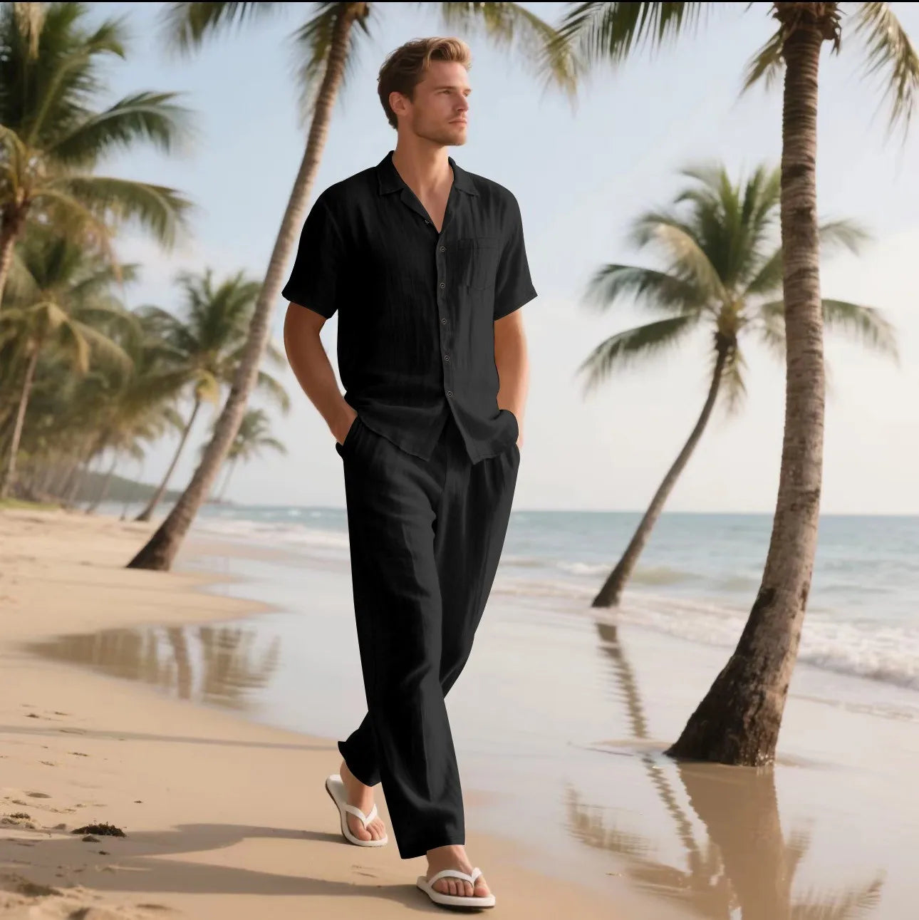 Men’s Linen Shirt and Pants Set – Casual Summer Beach Outfit