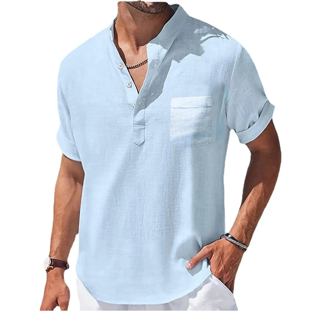 Men’s Linen Henley Shirt Casual Short Sleeve Summer Top
