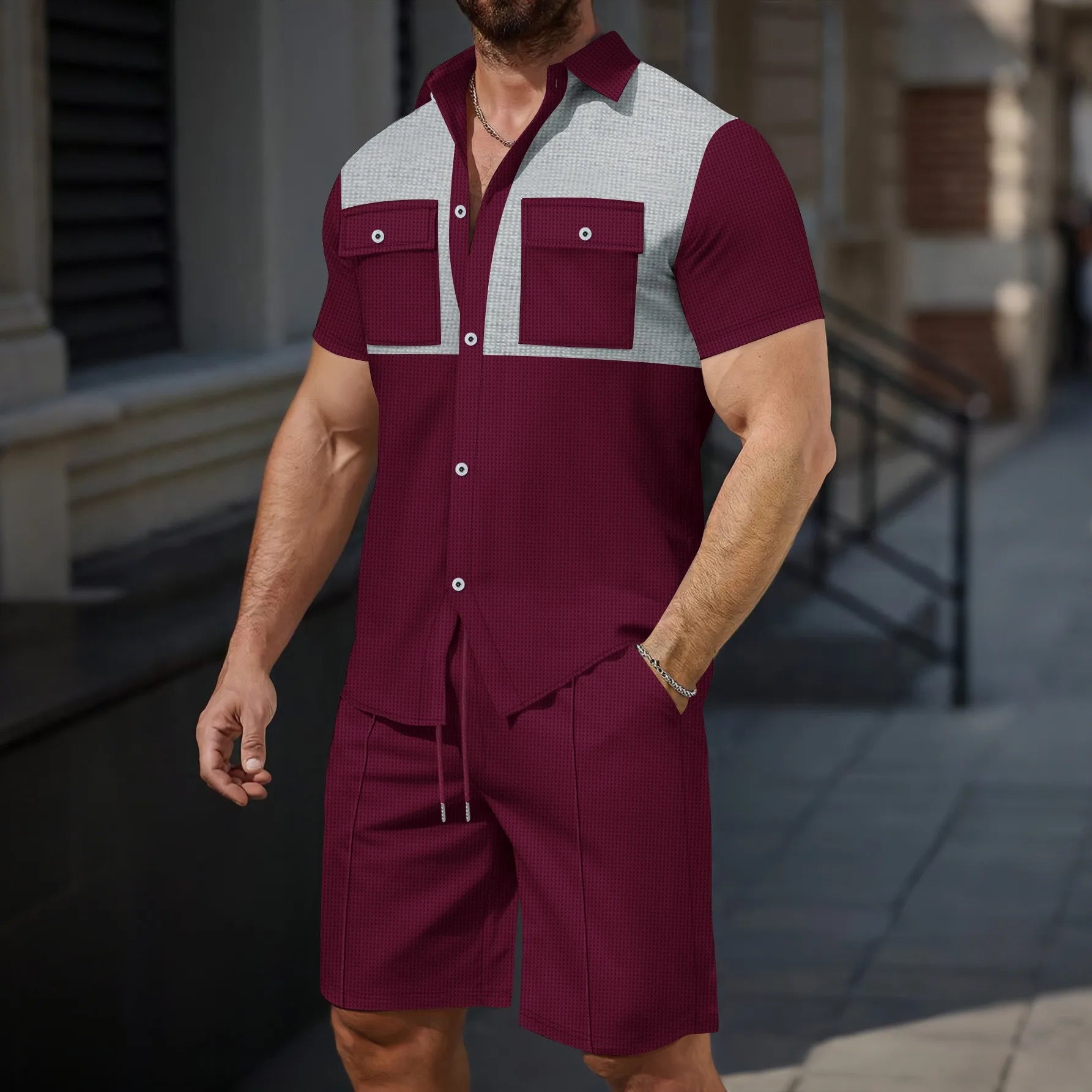 Men’s Two Tone Shirt and Shorts Set – Casual Patchwork Summer Outfit
