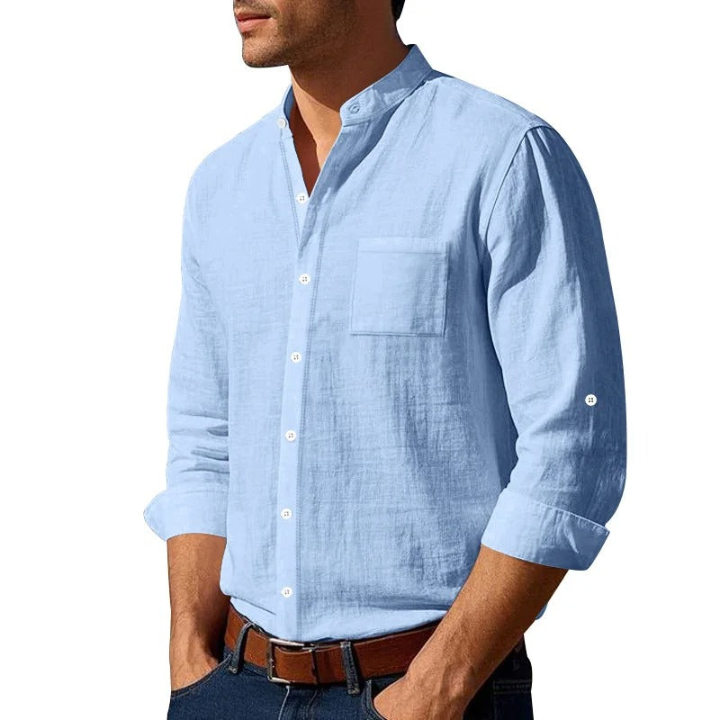 Men’s Linen Long Sleeve Shirt – Casual Button Up with Pocket