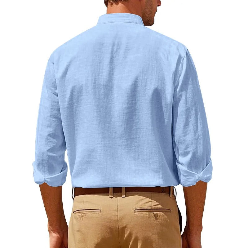 Men’s Linen Long Sleeve Shirt – Casual Button Up with Pocket