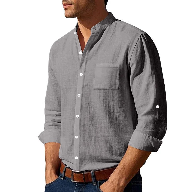 Men’s Linen Long Sleeve Shirt – Casual Button Up with Pocket