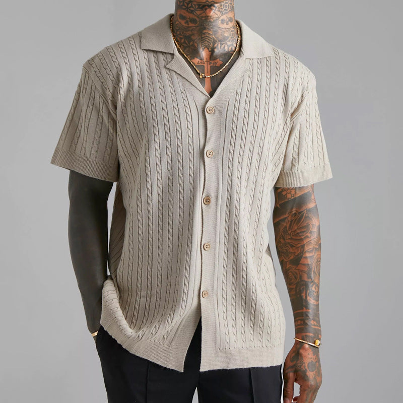 Men’s Cable Knit Short Sleeve Button Up Shirt – Lightweight Summer Knitwear