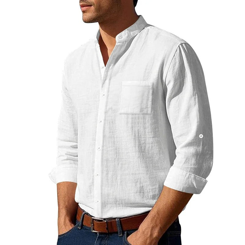 Men’s Linen Long Sleeve Shirt – Casual Button Up with Pocket