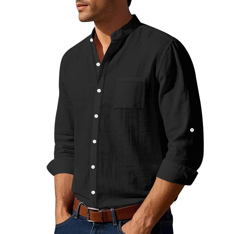 Men’s Linen Long Sleeve Shirt – Casual Button Up with Pocket