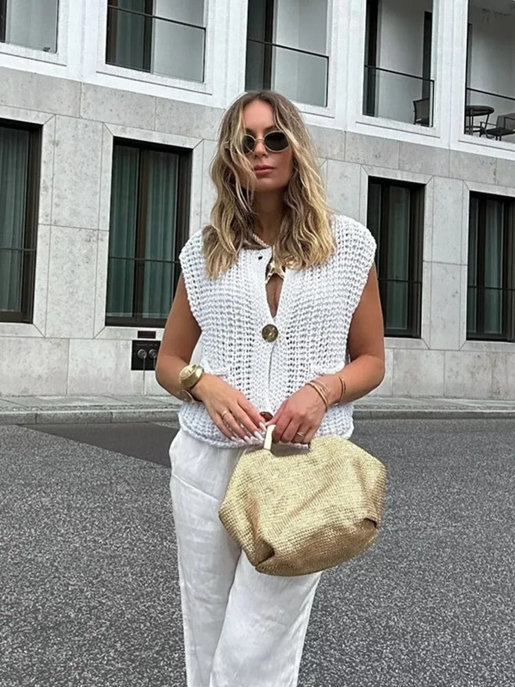 Knit Button Vest – Sleeveless Cropped Sweater Top