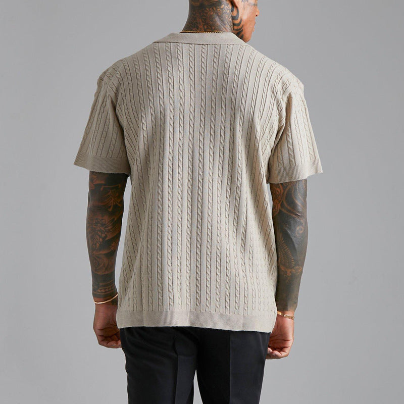 Men’s Cable Knit Short Sleeve Button Up Shirt – Lightweight Summer Knitwear