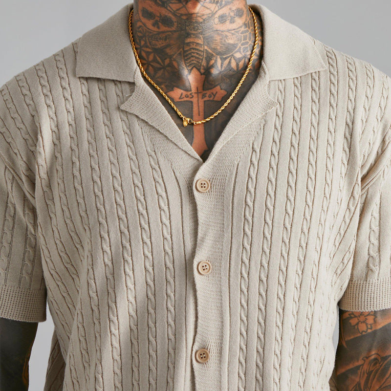 Men’s Cable Knit Short Sleeve Button Up Shirt – Lightweight Summer Knitwear