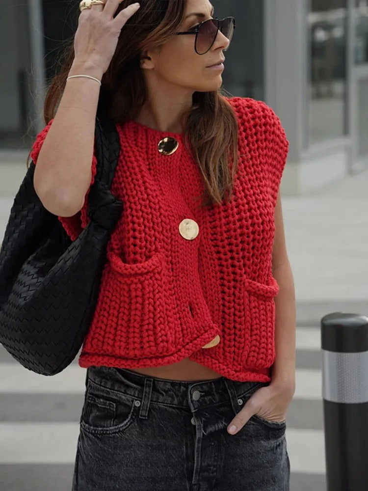 Knit Button Vest – Sleeveless Cropped Sweater Top