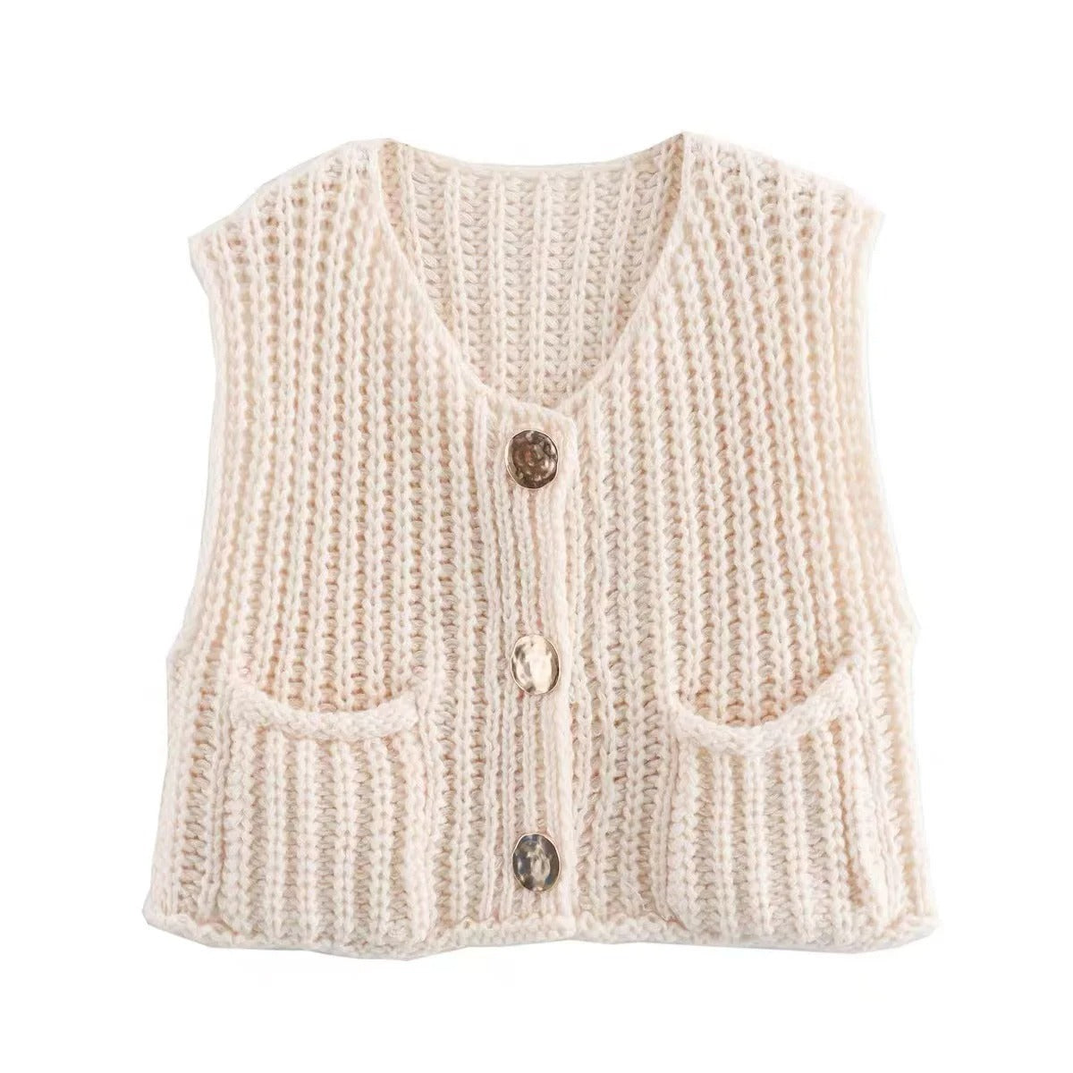Knit Button Vest – Sleeveless Cropped Sweater Top