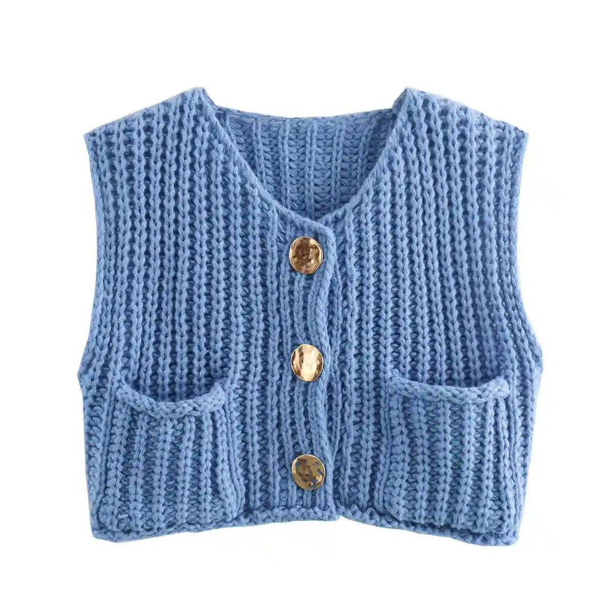 Knit Button Vest – Sleeveless Cropped Sweater Top