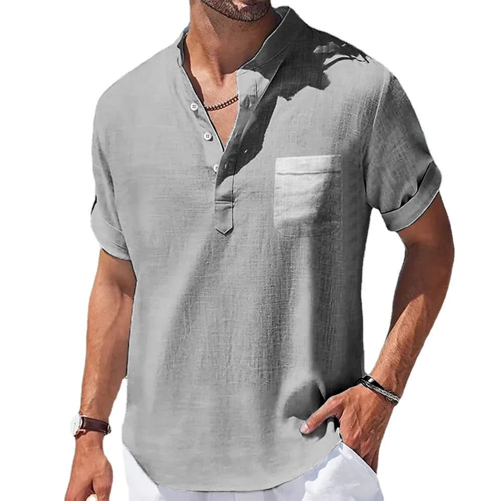 Men’s Linen Henley Shirt Casual Short Sleeve Summer Top
