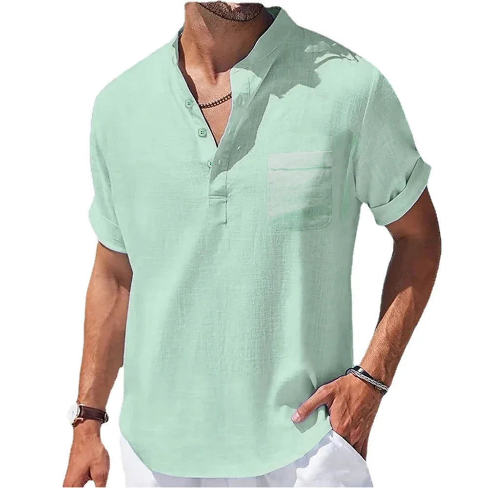 Men’s Stylish Linen Shirt – Casual Short Sleeve Henley Summer Top
