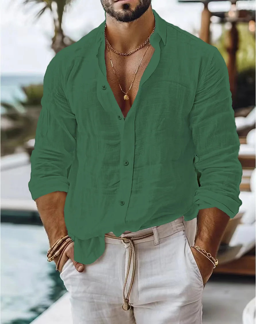 Men’s Breathable Linen Shirt – Casual Long Sleeve Summer Beach Top